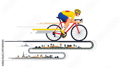 Illustration of a cyclist riding a bicycle with motion lines on a white background with cityscape silhouettes.