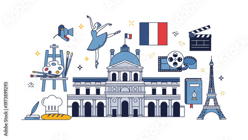 Illustration of Parisian landmarks and cultural icons in shades of blue on a white background.
