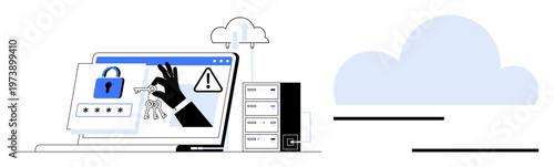 Cybersecurity, data protection, online safety, digital security, cloud storage, network risk. Illustration shows a hand stealing keys and a lock icon on a laptop screen. Cybersecurity and data