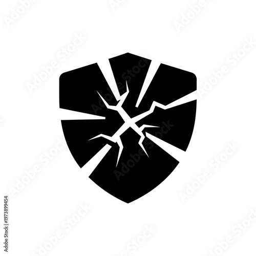 Bold graphic icon of a shattered security shield, symbolizing digital vulnerability, data breach, compromised protection, and system failure risks