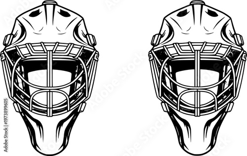 Ice hockey equipment and gear icon set with a player stick, puck, goaltender mask, goal net, skate, and a game scoreboard in a simple flat graphic illustration style