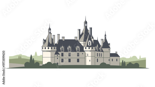 Illustration of a large white castle with dark roofs and spires on a white background with green trees and hills.