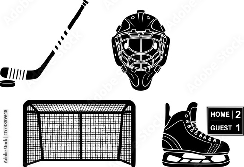 Ice hockey equipment and gear icon set with a player stick, puck, goaltender mask, goal net, skate, and a game scoreboard in a simple flat graphic illustration style