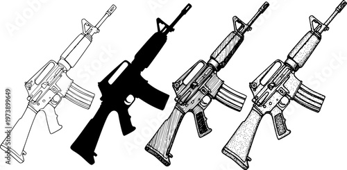 Set of four assault rifle illustrations showcasing various hand-drawn techniques like line art, solid ink, detailed hatching, and stippling dotwork for a graphic effect 