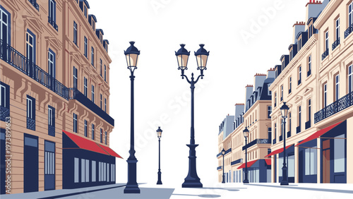 Illustration of a serene Parisian street scene with historic buildings and lampposts on a white background.