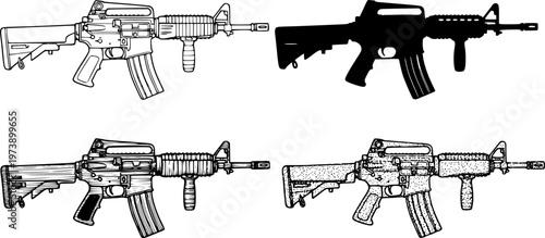 Set of four assault rifle illustrations showcasing various hand-drawn techniques like line art, solid ink, detailed hatching, and stippling dotwork for a graphic effect 