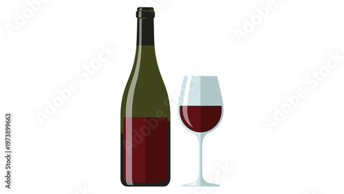 A bottle of red wine and a half-full wine glass on a plain white background, simple still life composition.