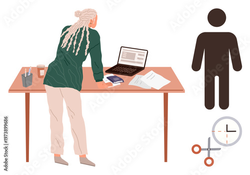 Business analysis, data research, career planning, workflow management, target achievement, corporate strategy. Person leaning over a desk with laptop, papers and symbolic icons. Business analysis