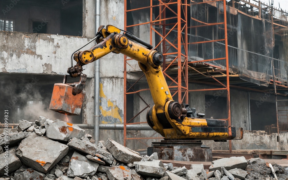 Fototapeta premium Yellow robot arm dismantles concrete at construction site surrounded