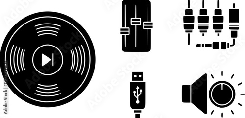 Set of black audio equipment icons including a jog wheel, fader, audio jacks, USB drive, and volume knob for music production and DJing concepts in a flat glyph style