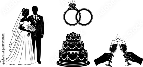 Set of black wedding and marriage icons featuring a bride and groom, rings, bouquet, ceremony arch, tiered cake, and clinking glasses, presented in a clean, minimalist silhouette style