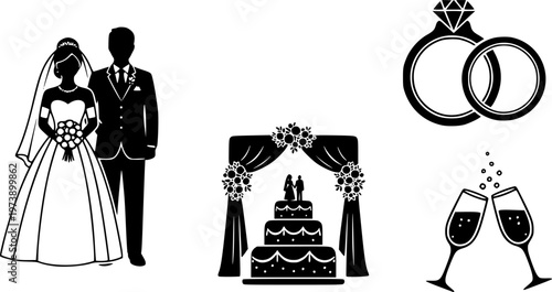 Set of black wedding and marriage icons featuring a bride and groom, rings, bouquet, ceremony arch, tiered cake, and clinking glasses, presented in a clean, minimalist silhouette style