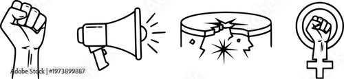 Protest and activism line art icon set representing feminism, social justice, and revolution with symbols like a raised fist, megaphone, and broken glass ceiling