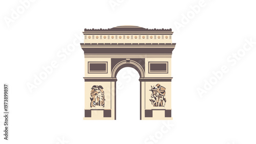 Illustration of the Arc de Triomphe with intricate carvings and ornate details against a plain white background.