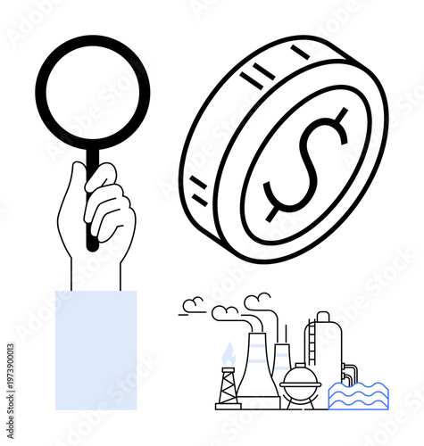 Economic analysis, environmental sustainability, finance management, industrial production, climate impact, research. Hand holding magnifying glass, coin symbol and factory with pollution. Economic