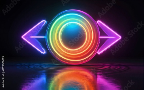 Vibrant neon sign with glowing arrows and rings reflected on wet
