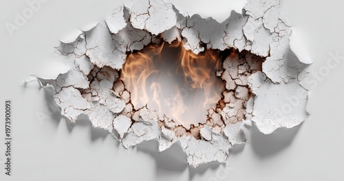 Brèche dans une cloison blanche avec des fissures détaillées laissant apparaître un brasier ardent pour illustrer le concept de puissance cachée.