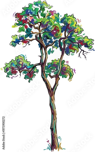 Abstract Colorful Tree Illustration, Artistic Hand Drawn Vector Style