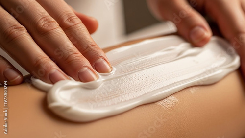 Close-up of hands applying cream on skin, skincare and beauty treatment concept.