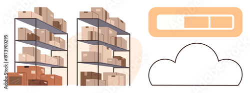 Supply management, logistics solutions, cloud storage, digital technology, organization efficiency, inventory tracking. Shelves with boxes, cloud outline and progress bar. Supply management