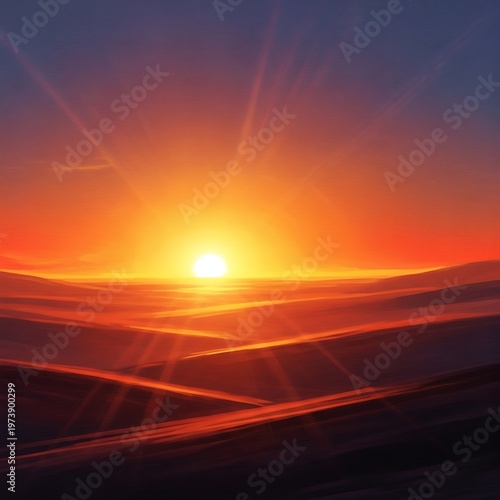 Golden Horizon - A Radiant Sunrise Over Rolling Hills.