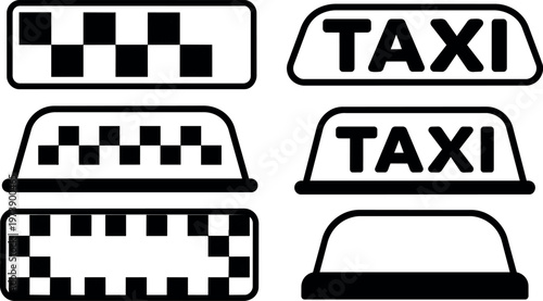 Black and white taxi roof sign set checkerboard and text elements vector art