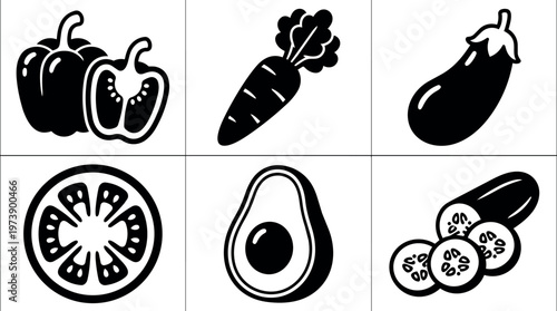 Black and white vegetable icons with bell pepper carrot eggplant tomato avocado cucumber slices