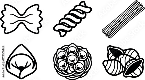Black and white line art variety of pasta shapes including tortellini and fusilli