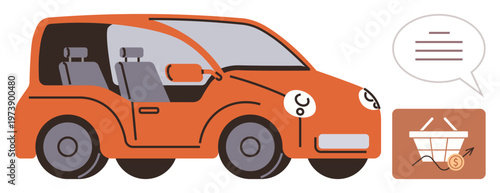 Automotive e-commerce, car sales, online shopping, tech marketplaces, digital transactions, buying services. Orange car alongside speech bubble and shopping cart. Automotive e-commerce and car sales