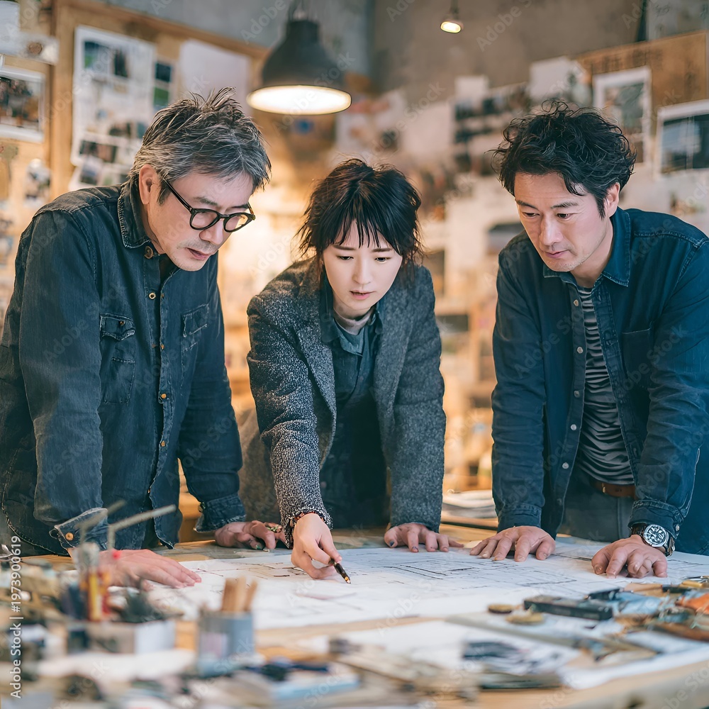 Fototapeta premium Three Asian architects collaborate closely reviewing blueprints on a large table in a bright studio filled with creative materials together analyzing