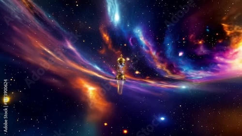 Hourglass with cosmic elements against a blurred colorful background