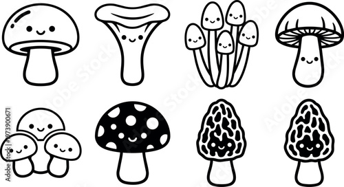 Black and white cute mushroom faces with different shapes and spots vector art