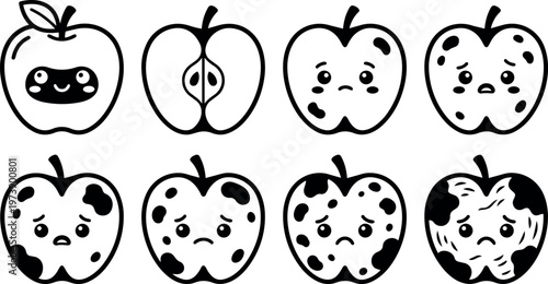 Black and white kawaii happy and sad spotted apples with seeds vector art