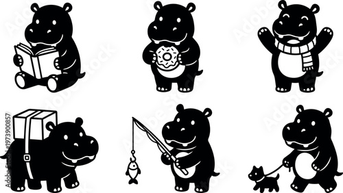 Black and white hippos reading donut fishing and walking dog vector art