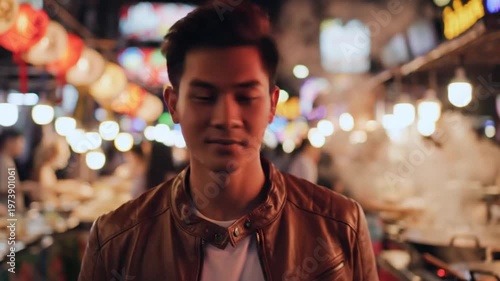 Smiling man in leather jacket exploring a night market at evening