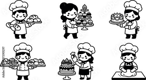 Black and white bakery chef characters holding bread cupcakes and cakes vector art