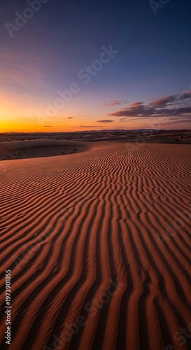 Golden Hour at the Beach - Sand Ripples and Sunset Sky.