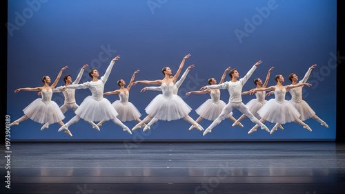 Graceful Ballet Dancers in Flight - A Stunning Display of Artistry and Precision on Stage.