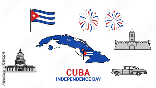Graphic illustration of Cuba Independence Day with national flag, map, fireworks, and iconic landmarks on a white background.
