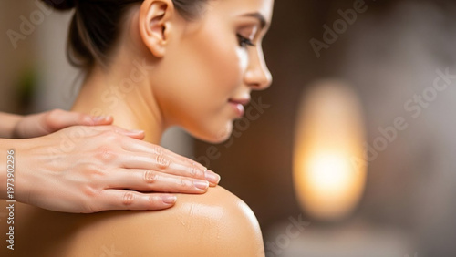 Woman receiving shoulder massage at spa, enjoying relaxation and wellness treatment.