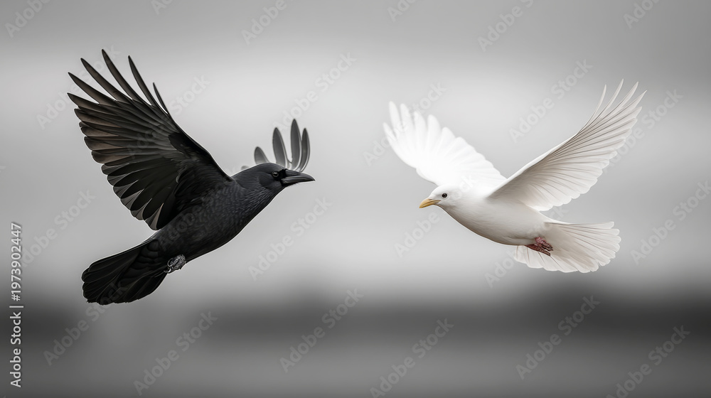 Obraz premium Majestic black crow and graceful white dove in flight against a soft gray sky