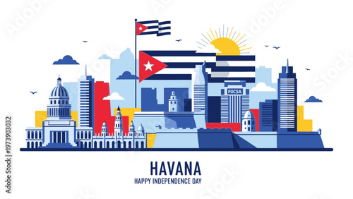 Illustration of Havana cityscape with Cuban flag and buildings celebrating Independence Day with vibrant colors and flat design on white background.