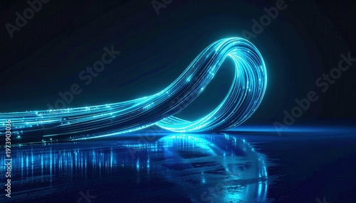 Cabos de fibra óptica abstratos brilhando em azul neon representando transmissão de dados em alta velocidade e conectividade digital futurista.