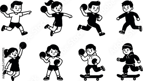 Black and white kids playing ball and skateboarding vector art set