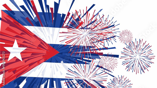 Graphic illustration of the Cuban flag with vibrant fireworks exploding in the background, conveying a celebratory mood with bold colors.