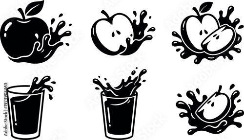 Black and white apple juice splash icons set with whole and sliced apples
