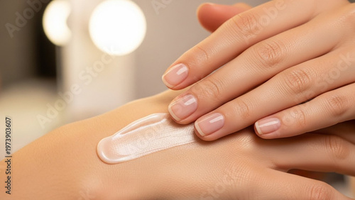 Womans hand applying moisturizing cream, skincare and beauty concept.