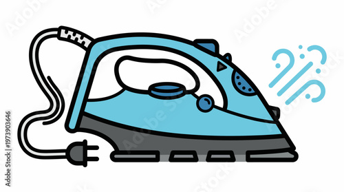 Illustration of a steam iron with a cord and plug, emitting steam from its soleplate