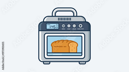Flat illustration of a bread maker baking a loaf of bread inside an oven compartment