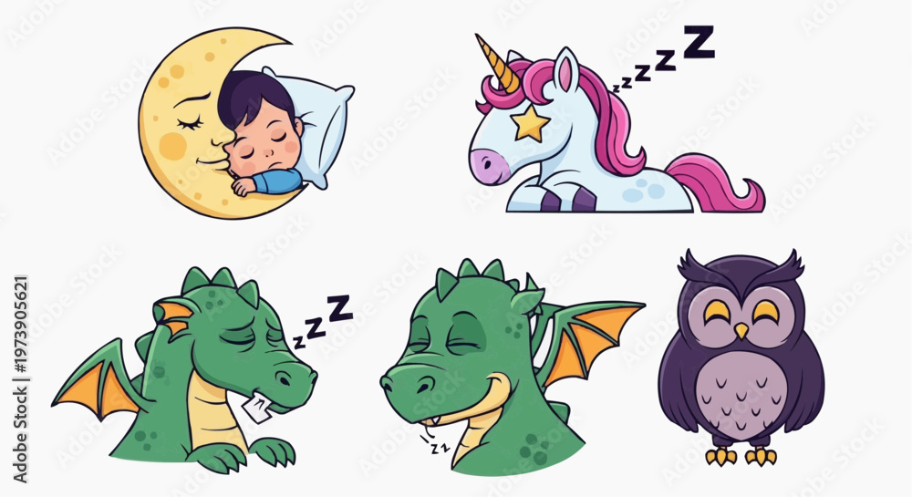 Obraz premium Collection of cute sleeping characters including boy, unicorn, dragon and owl